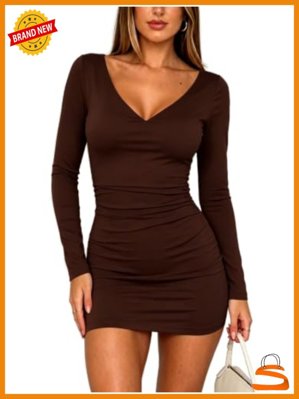 Long Sleeve V-Neck Bodycon Mini Dress Ruched Club Party Slim Fit